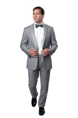 Light Grey / Light Grey Satin Bryan Michaels Satin Peak Lapel With Trim Tuxedo Solid Slim Fit Prom Tuxedo For Men MT187S-05