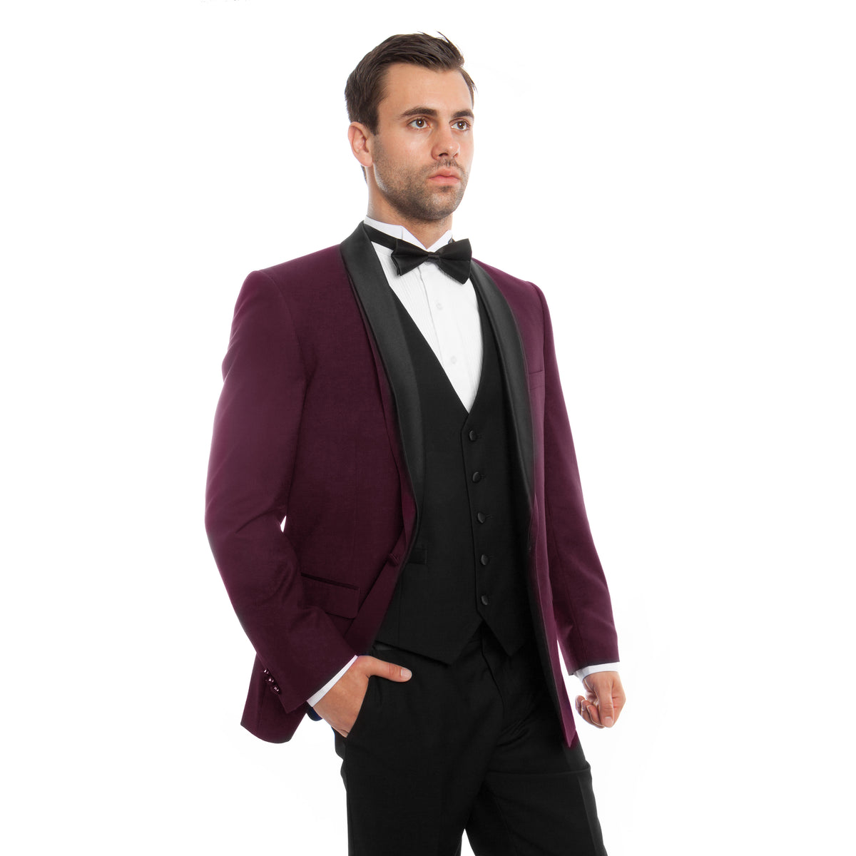 Burgundy / Black Satin Bryan Michaels Shawl Collar Tuxedo Solid Slim Fit Prom Tuxedo For Men MT252S-02